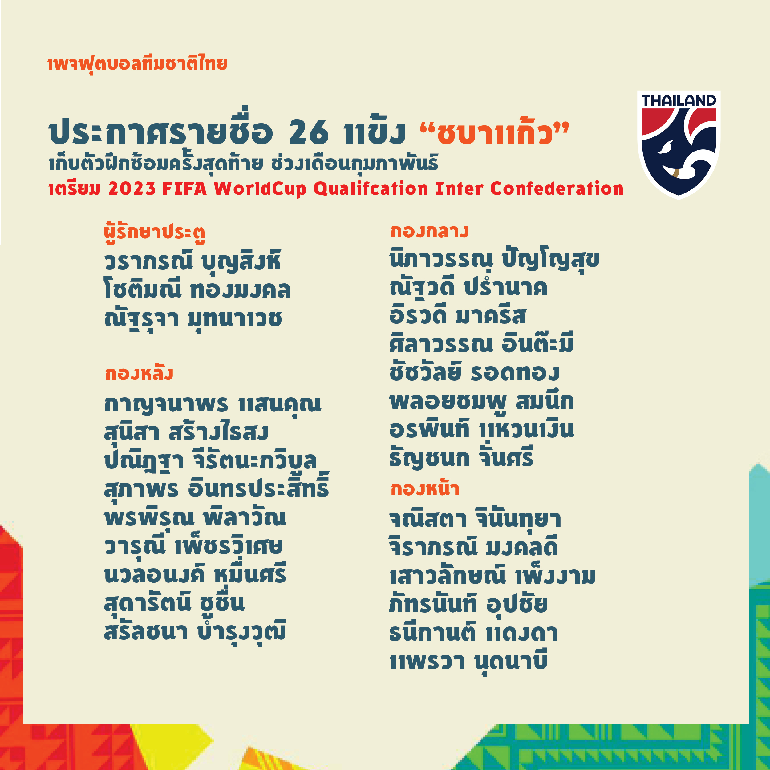 ฟุตบอลหญิงทีมชาติไทยประกาศ 26 รายชื่อก่อนตัดลุยรายการคัดเลือกบอลโลก 2023 ฟุตบอลหญิงทีมชาติไทยประกาศ 26 รายชื่อก่อนตัดลุยรายการคัดเลือกบอลโลก 2023