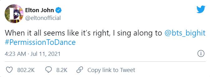 เอลตัน จอห์น ก็เป็น ARMY ทวิตข้อความชอบเพลงใหม่วง BTS เอลตัน จอห์น ก็เป็น ARMY ทวิตข้อความชอบเพลงใหม่วง BTS